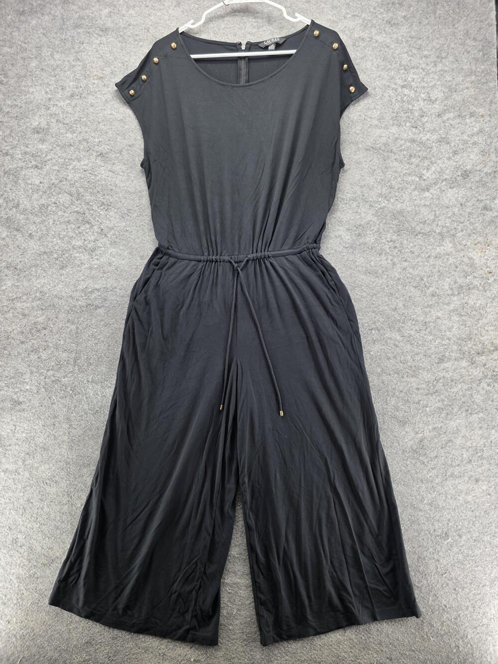Lauren Ralph Lauren Jumpsuit Womens Large Black Wide Leg Drawstring Romper